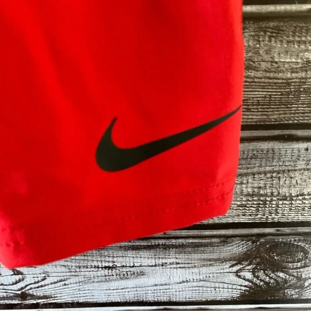 Nike‎ Men's Swim Trunks Size L Red Black Drawstring Waist Pockets Logo